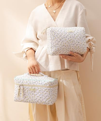 HBselect Quilted Makeup Bag, 3Pcs Cotton Large Travel Makeup Bags Organizer - color: A-3PCS-Yellowflower