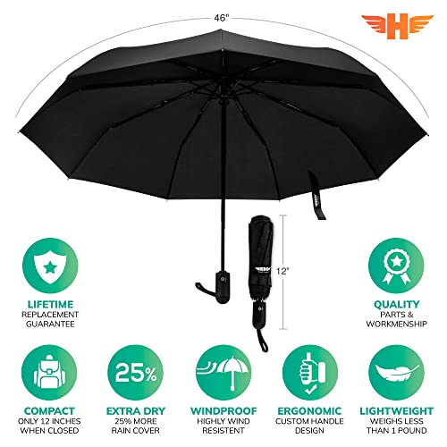 HERO Windproof Travel Umbrella – Premium Auto Open/Close, Lightweight, Compact, Portable Umbrella with 2-Person Coverage for Travel – Fits Easily in a Purse or Backpack - color: Black