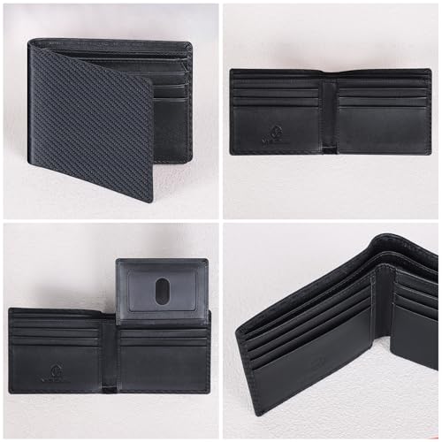 VISOUL Mens Carbon Fiber Leather Wallets Bifold with RFID Blocking, Designer Billfold Wallet with 1 ID window for Men (Black+Black) - color: Black+Black