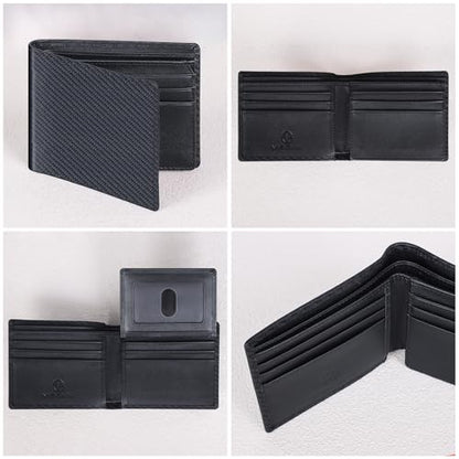 VISOUL Mens Carbon Fiber Leather Wallets Bifold with RFID Blocking, Designer Billfold Wallet with 1 ID window for Men (Black+Black) - color: Black+Black