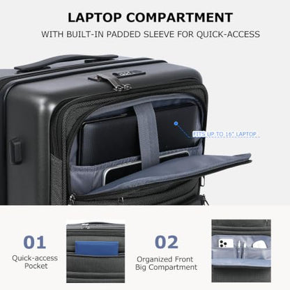 VANKEAN 20 Inch Expandable Hardshell Spinner TSA USB Port Carry-On Approved - color: STEEL GREY