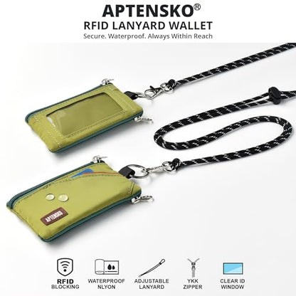 RFID Blocking Travel Wallet with Adjustable Lanyard, Small Nylon Zipper Pouch and Badge Holder for ID, Credit Cards, Cash, Keys, Commuters (Olive Green) - color: Olive Green