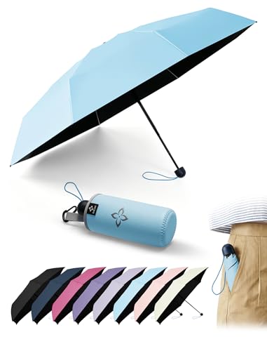 Mini Umbrella for Travel Compact - UPF 100+ UV Sun Umbrella for Purse Backpack,Super mini Sturdy Pocket Folding Umbrella with Absorbent Sleeve, Heavy Duty Parasol - color: 1-Blue
