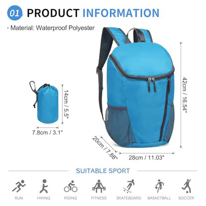 Hiking Backpack 20L Foldable Daypack for Men Women Nylon Lake Blue | Packable Backpack for Men Women, Small Foldable Day Pack Waterproof for Travel Camping Mountaineering - color: Lake Blue