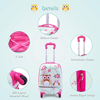 GYMAX Kids Carry On Luggage Set, 12" & 16" 2PCS Rolling Suitcase - color: Owl