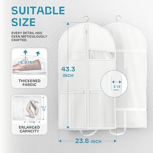 43" Travel Garment Bag with Accessories Zipper Pocket, Heavy Duty Suit Bag for Suits, Tuxedos, Dresses, Coats, White, 1 pack - size: 43inch-1 pack-White