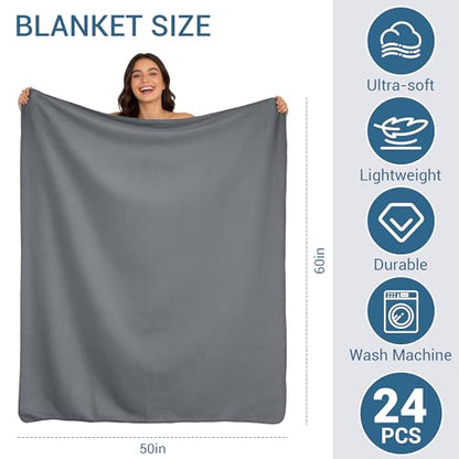 24 Pack Fleece Throw Blankets Bulk 50x60 - Soft Lightweight Blanket Gift for Wedding Guests, Bed Couch Office Chair Pet Travel Home(Gray)