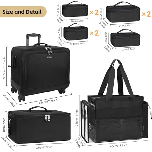 TANTO Rolling Makeup Bag, Pro Makeup Artist Bag with 7 Pouch & Tote Bag - color: 03-Black（3 in 1）
