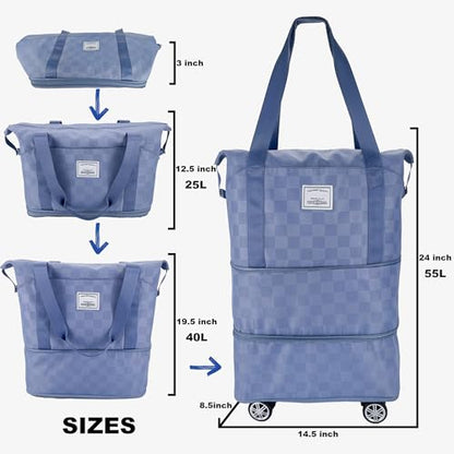 Expandable duffel bag,carry-on large bag with wheels(BLUE Check) - color: BLUE