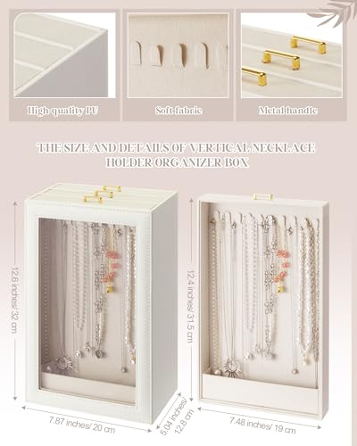 Huquary 3 Layer Vertical Necklace Organizer Box 12.6" x 7.9" x 5", Beige - color: Beige