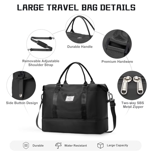 Travel Duffel Bag with Shoes Compartment,Weekender Bags for Women Travel - color: Black, size: Extra Large