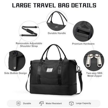 Travel Duffel Bag with Shoes Compartment,Weekender Bags for Women Travel - color: Black, size: Extra Large