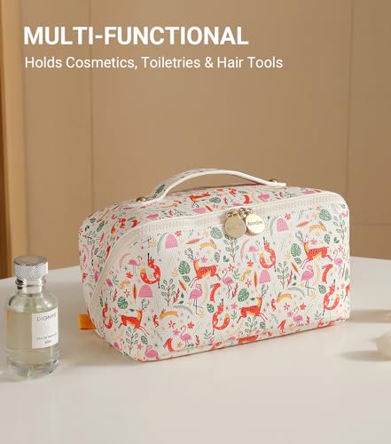Aveniee Travel Makeup Bag for Women, Large Cosmetic Organizer with Open-Flat Design, Clear Divider & Handle - Waterproof PU Leather Toiletry Pouch - style: Zoo Animals