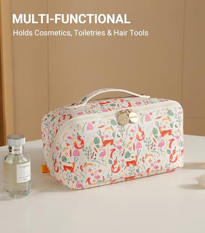 Aveniee Travel Makeup Bag for Women, Large Cosmetic Organizer with Open-Flat Design, Clear Divider & Handle - Waterproof PU Leather Toiletry Pouch - style: Zoo Animals