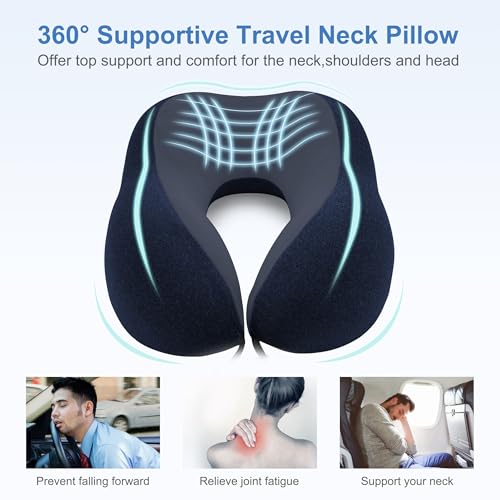 Travel Pillow - Memory Foam Cervical Neck Pillow for Adults, Kids, Children, Convenient & Portable U Shaped Pillows, Airplane Pillow for Home, Office, Camping, Travelling, Sleeping (Blue)
