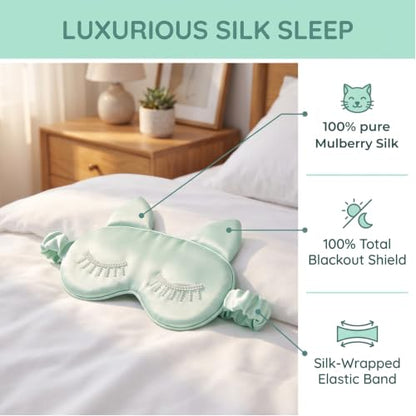 Kids Sleep Mask, 100% Mulberry Silk Eye Cover for Sleeping, Green - color: Green Kitten