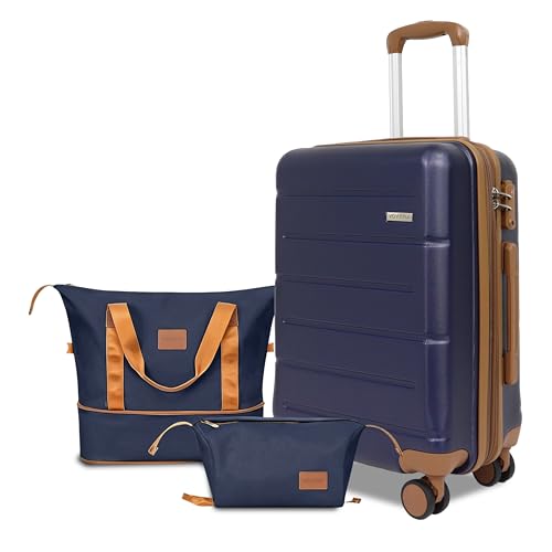 3-Piece Luggage Set with Carry On Luggage Set 22x14x9 Airline Approved, ABS Hardside Suitcase with 8 Spinner Wheels & TSA Lock, Expandable Suitcase for Men & Women (20/TB/DB Navy) - color: Navy, size: (20/DB/TB)-Expandable