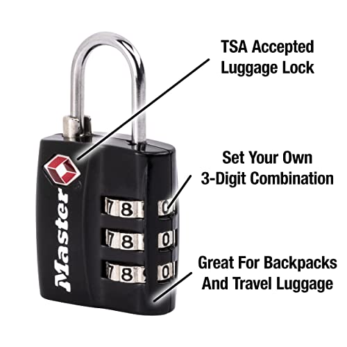 Master Lock Black TSA-Approved Luggage Lock with Wide Lock Body and Thin, Durable Steel Shackle, Zipper Lock for Backpacks, Luggage, 4680DBLK - size: 1 Pack
