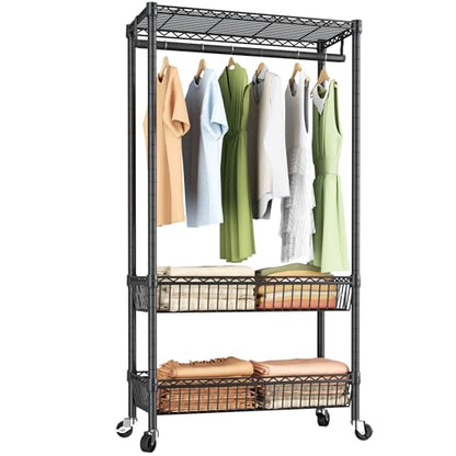 Golpart Heavy Duty Rolling Clothes Rack Wheels Portable Metal Garment Rack - color: Black-F, size: 15.75"D x 23.5"W x 72.45"H