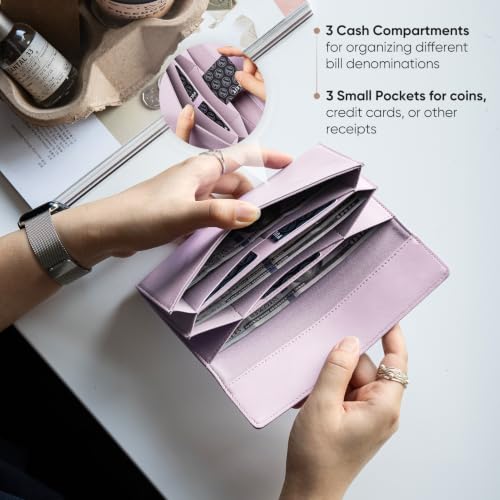 VULKIT Cash Envelope Wallet for Women, Money Wallet Organizer for Cash, 3 Bill & Receipt Compartments, 3 Card & Coin Holders, Dusty Lilac - color: Dusty Lilac