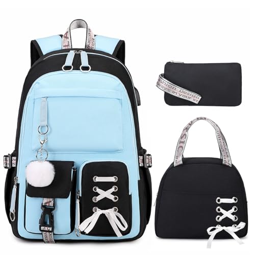 ACESAK 3PCS Teen Girls Backpack with Lunch Bag Set&USB Charging Port,Blue - color: Black & Blue