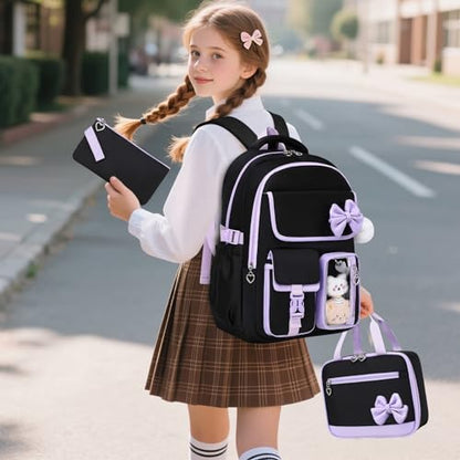 GeeWin Girls Backpack for School Cute Bow with Lunch Box & Pencil Case Set - color: Black Purple
