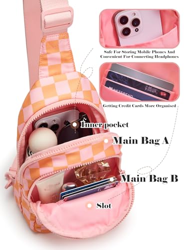 Checkered Sling Bag for Women Small Backpack Crossbody Chest Bag Fanny Packs Purses - color: Checkered Sling Bag - Light Pink Orange