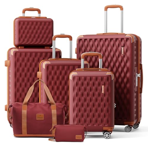Melalenia Luggage Sets 7 Piece Hard Shell Carry on Suitcase with Spinner Wheels and TSA Lock, Lightweight Travel Duffel Bag for Women, Men, Red Brown - color: Red Brown, size: 7 Piece Set(DB/TB)