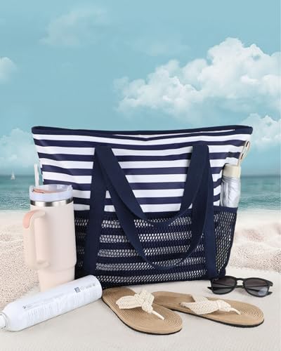 HOMESPON Beach Bag Large Waterproof Sandproof Tote for Women with Zipper and Mesh Pockets - color: Blue Stripes, size: Medium