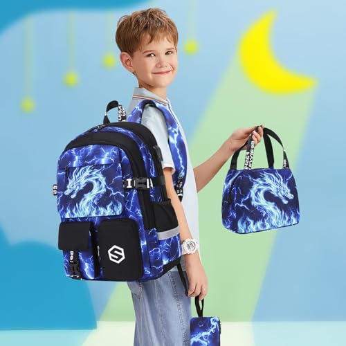 Scothen Boys Backpack, Cool Luminous Kids School Backpacks with Lunch Bag - color: Blue Dragon