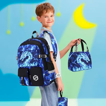 Scothen Boys Backpack, Cool Luminous Kids School Backpacks with Lunch Bag - color: Blue Dragon