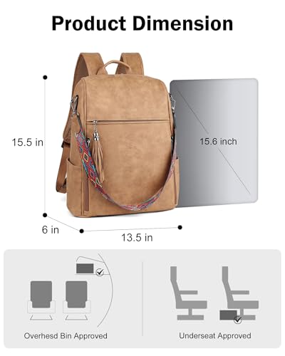 FADEON Leather Laptop Backpack for Women, 15.6 inch, Travel Work Bag - color: 2 Camel Brown Nubuck Style