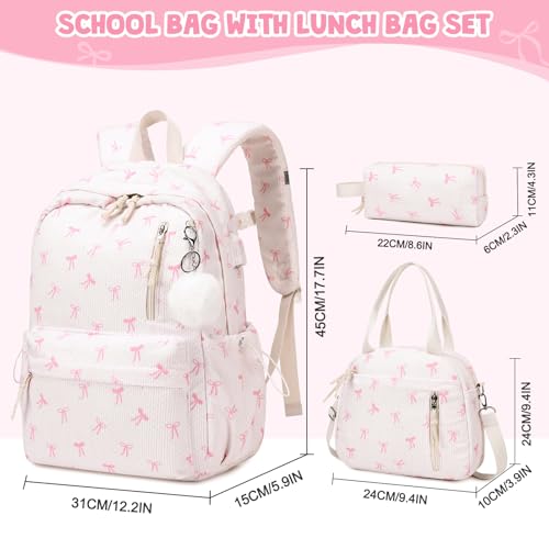 3PCS Corduroy Girls Backpack w/ Lunch Box & Pencil Bag (Beige Bow Tie) - color: Beige Bow Tie