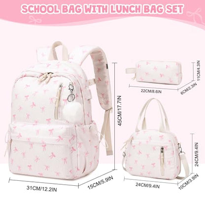 3PCS Corduroy Girls Backpack w/ Lunch Box & Pencil Bag (Beige Bow Tie) - color: Beige Bow Tie