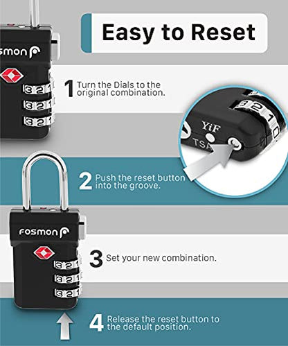 Fosmon TSA Approved Luggage Locks, 3 Digit Combination, 4 Pack Black - color: 3 Digit T Series Black 4 Pack