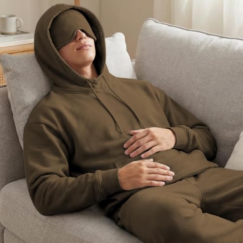 Ainangua Mens Oversized Pullover Essentials Hoodie with Eye Mask Built In Comfor Airplane Mode Travel Sleep Wearable Blanket - color: Brown, size: Small