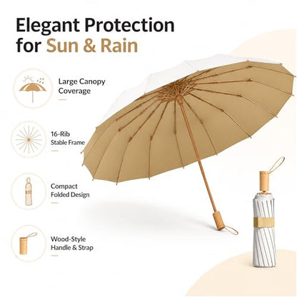 Compact Travel Umbrella with UPF 50+ UV Protection - color: Ceamy white