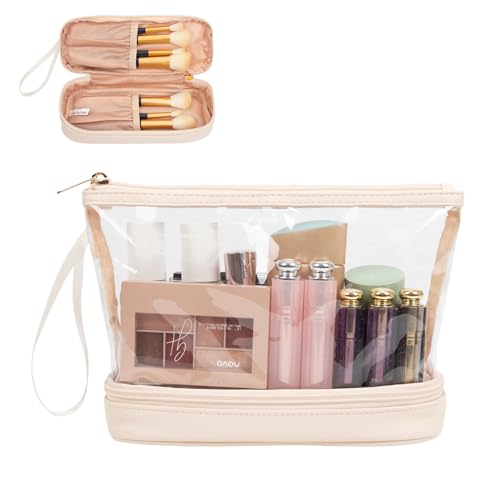 Clear Makeup Bag with Brushes Compartment Travel TSA Approved Toiletry Bag - color: 05-cream clear