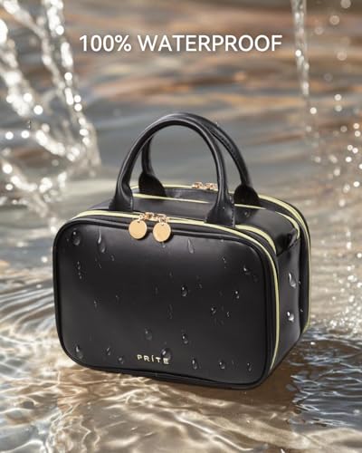 Prite Large Makeup Bag, Waterproof Travel Cosmetic Case with Brush Holder - color: Black, size: Large