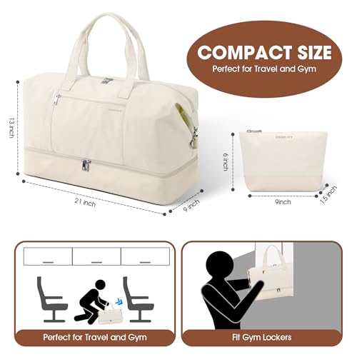 Women's Weekender bag Travel Duffel Bag with Shoe Compartment 21-inch Airline-Approved Carry-On, 2-Piece Overnight Bag Set Personal Item Luggage - color: 1A-Beige