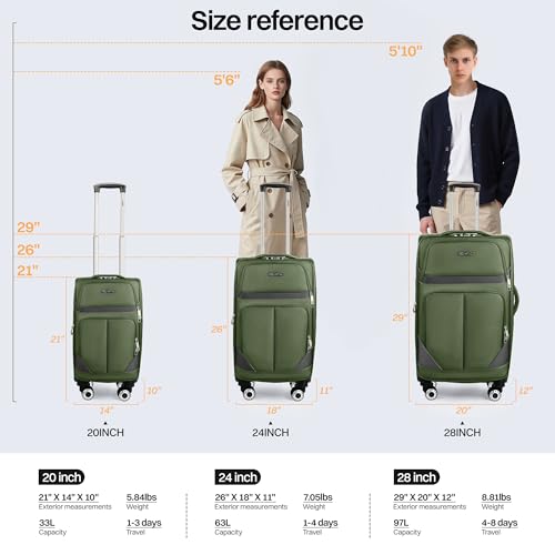 3-Piece Softside Set,Expandable 15% Luggage Set,w/LOCK - color: Green-Grey, size: 3-Piece Set (20"/24"/28'')