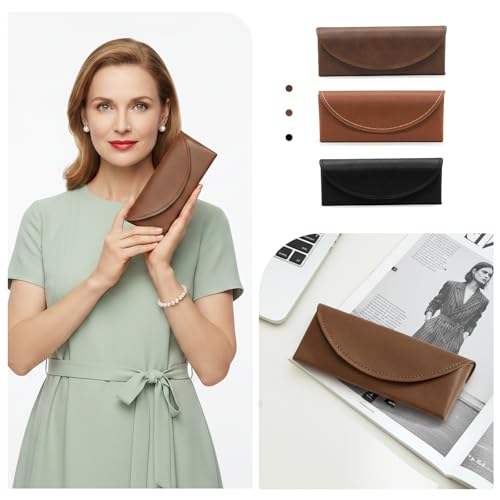 LJCZKA Glasses Case Hard Shell for Women Men, Magnetic Eyeglasses Case PU Leather with Cleaning Cloth for Travel School - color: Dark Brown
