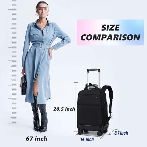 Rolling Backpack with Removable Wheels, 18 inch Computer Laptop Bag Carry on Travel Wheeled Business Backpack for Women Men - color: Black