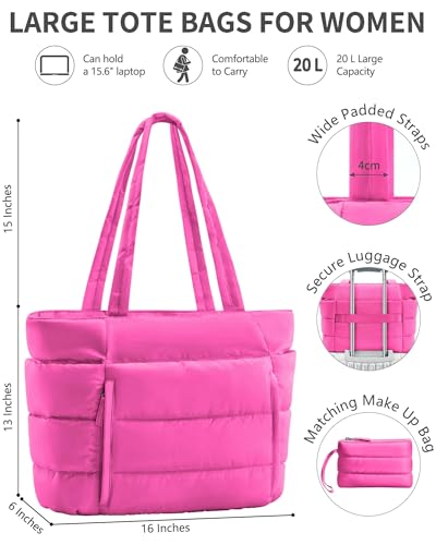 Bagstellar Puffer Tote Bag for Women, Lightweight Puffy Travel Gym Work Bag - color: Hot Pink