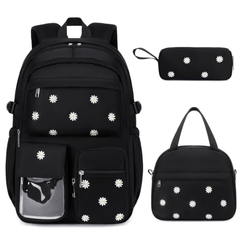 ACESAK 3PCS Embroidered Girls Backpack with Lunch Bag Set,Black Daisy - color: Black Daisy