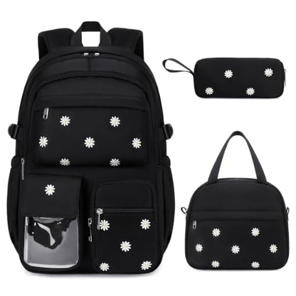 ACESAK 3PCS Embroidered Girls Backpack with Lunch Bag Set,Black Daisy - color: Black Daisy