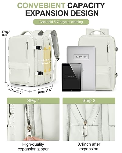 WONHOX Large Travel Laptop Backpack Expandable Flight Approved Backpack Carry on Backpack for Women Men Waterproof 17inch Laptop Daypack Hiking Work Backpack with Shoe Compartment Moon White - color: A11-off-white