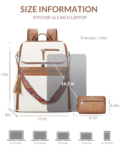 SYTRAH Leather Laptop Backpack for Women 16.5 inch Computer Packs Beige - color: Beige Brown