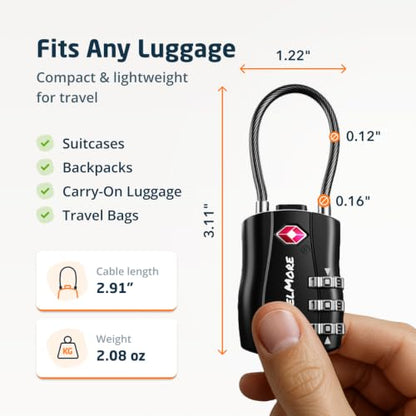 TravelMore TSA Approved Luggage Locks, Travel Combination Cable Locks - color: Black, size: 1 Pack