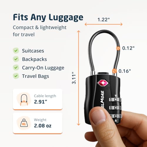 TravelMore TSA Approved Luggage Locks, Travel Combination Cable Locks - color: Black, size: 2 Pack